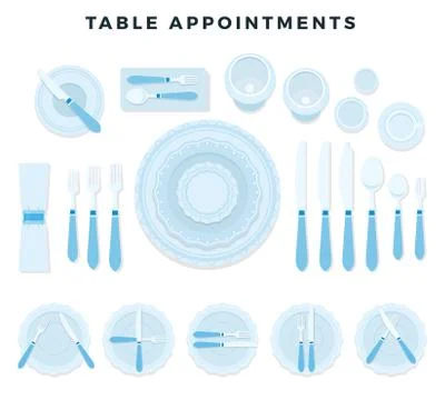 Table appointments. Cutlery set: forks, knives, spoons, plates, napkin, glasses Stock Illustration