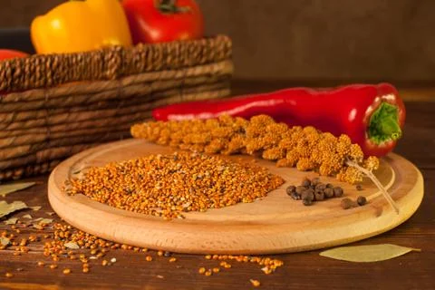 On the table are chilli and grains Stock Photos