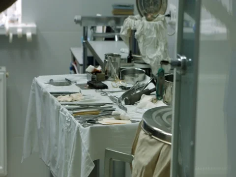 On the table are lie kit of the disinfected metal tools for surgery Video stock 81379134