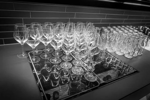 On the table are many empty wine glasses Stock Photos