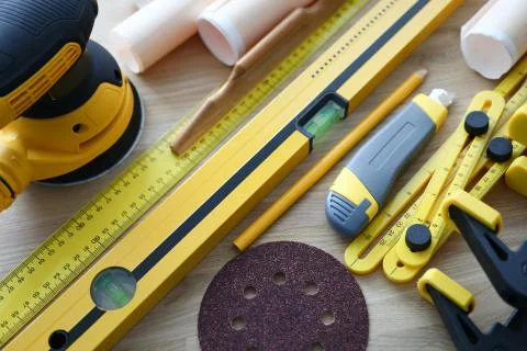 On table are new tools carpenter and designer Stock Photos