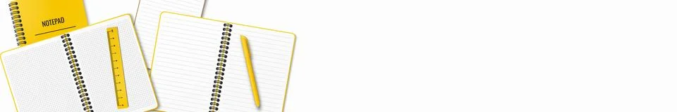 On the table are open and closed notebooks or notepad, a pen and a ruler arra Stock Illustration
