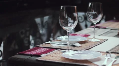 On The Table Are Plates And Glasses . Served Table in a Ukrainian Restaurant . Stock Footage 52926848