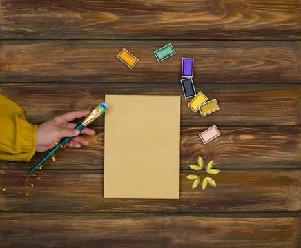 Table of an artist and empty copy space. View from above. creative colorful.. Stock Photos