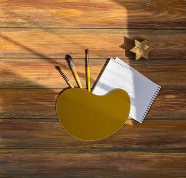 Table of an artist and empty copy space. View from above. creative colorful.. Stock Photos