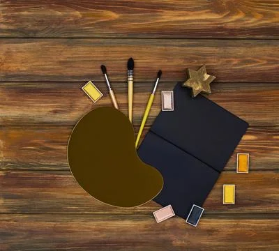 Table of an artist and empty copy space. View from above. creative colorful.. Stock Photos