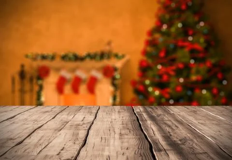 Table background with fireplace christmas decor 3D rendering Stock Illustration