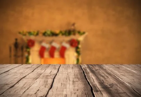 Table background with fireplace christmas decor 3D rendering Stock Illustration