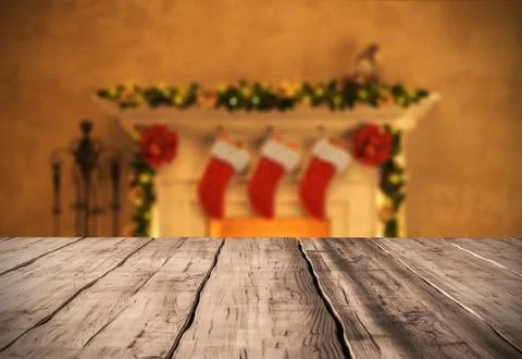 Table background with fireplace christmas decor 3D rendering Illustrazione stock