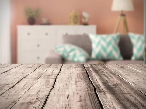 Table background Interior of modern living room 3D rendering Stock Illustration