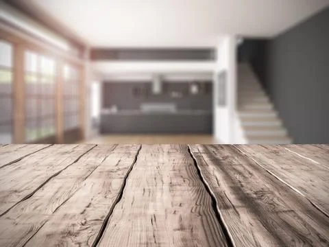 Table background Interior of modern living room 3D rendering Stock Illustration