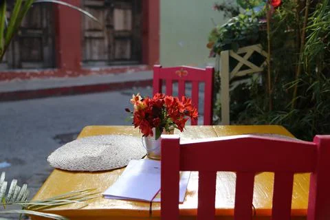 Table of a bar in San Cristobal de las Casas, Mexico Stock Photos