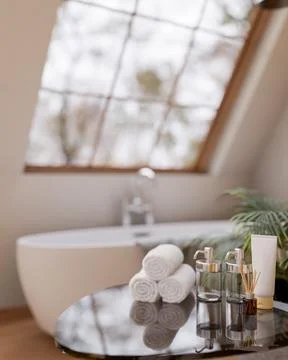 A table with bath essentials set in a contemporary bathroom with a bathtub .. Stock Illustration