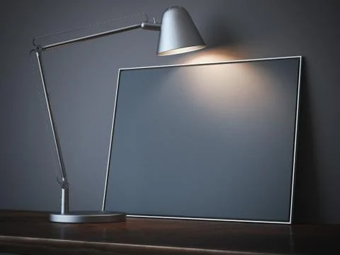 Table with black blank canvas and lamp. 3d rendering Illustration