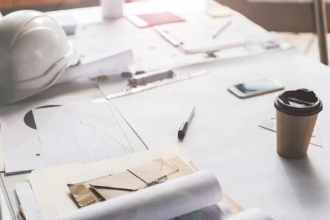 Table with blueprints of professional engineer 스톡 사진