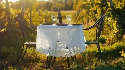 A table with a bottle of wine and tails stands against the background of a Stock Footage 98296691