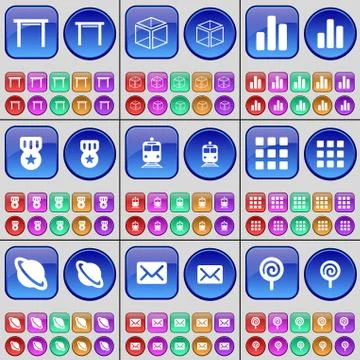 Table, Box, Diagram, Medal, Train, Apps, Planet, Message, Lollipop. A large set Stock Illustration