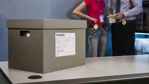 On the table is a box with material evidence, detectives on the background Video stock 70513951