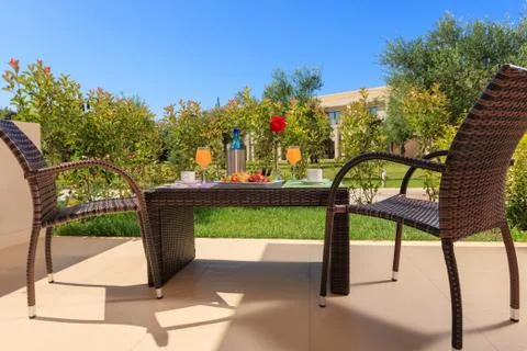 Table with breakfast in a garden Stock Photos