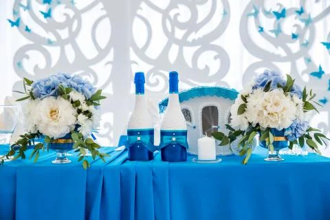 Table for bride and groom in the wedding hall Stock Photos