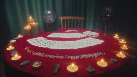 Table with Burning Candles, Glass of Red Wine and Tarot Cards Layout Stock Footage 253183881