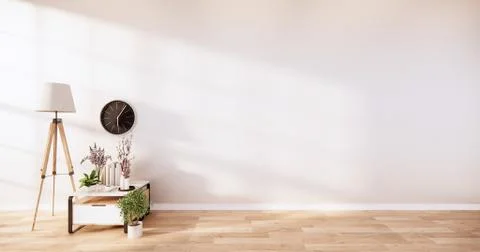 Table cabinet in modern empty room and white wall on white floor room japanes Stock Illustration