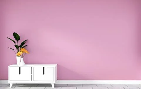 Table cabinet in modern pink empty room,minimal designs, 3d rendering Stock Illustration
