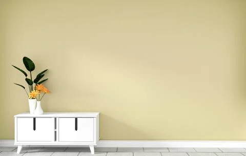 Table cabinet in modern yellow empty room,minimal designs, 3d rendering Stock Illustration
