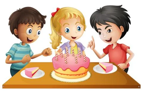 A table with cake surrounded by three kids イラスト素材