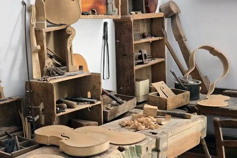 Table in a carpentry workshop Stock Photos