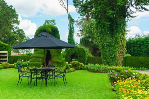 Table, chairs and umbrella set in the garden, in the relax area Stock Photos