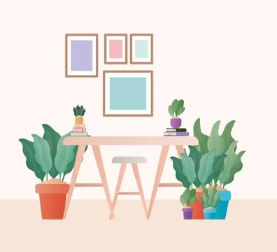 Table with chairs in front of frames vector design Stock Illustration