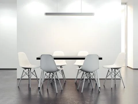 Table with chairs in the office restaurant. 3d rendering Illustrazione stock