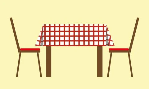 Table with checkered red and white tablecloth and chairs. Isolated illustration. Stock Illustration
