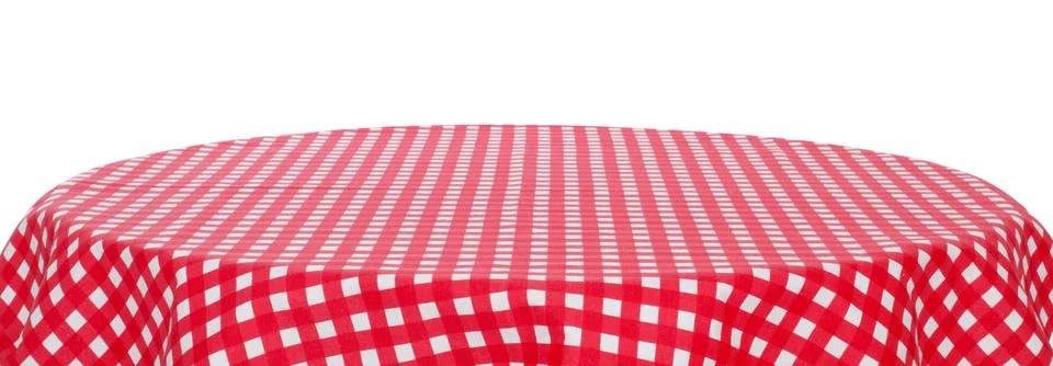 Table with checkered tablecloth isolated on white Stock Photos