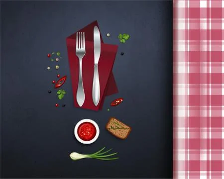 Table with a checkered tablecloth view from above Stock Illustration