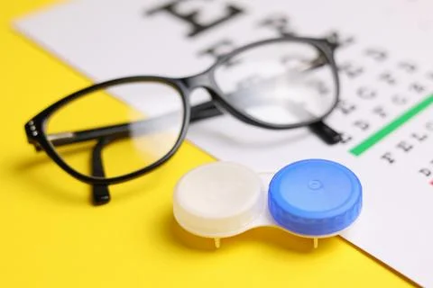A table for checking vision, contact lenses and glasses with a colored Stock Photos
