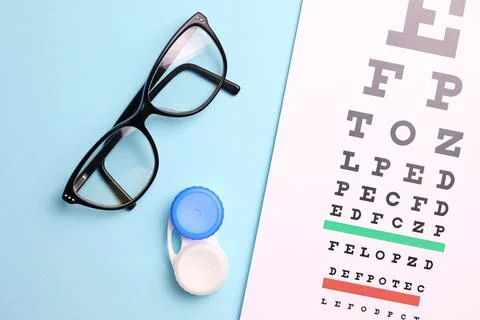 A table for checking vision, contact lenses and glasses with a colored Stock Photos