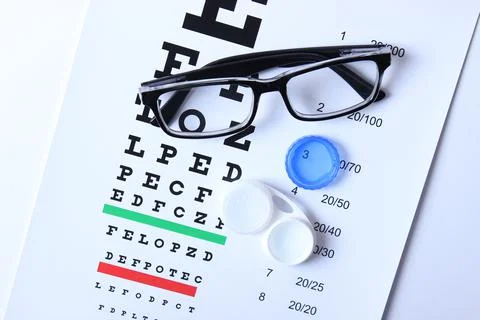 Table for checking vision, glasses and lenses for correcting vision Stock Photos