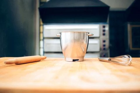 Table of the chef with rolling pin and products Stock Photos