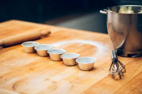 Table of the chef with rolling pin and products Stock Photos