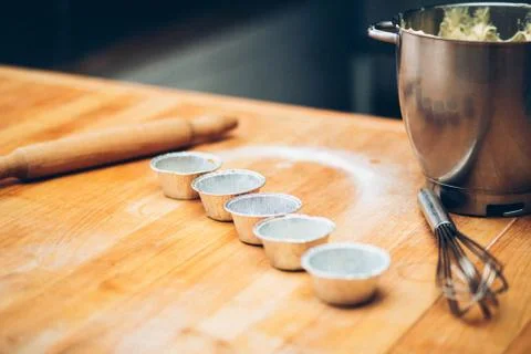 Table of the chef with rolling pin and products Stock Photos