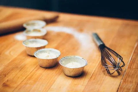 Table of the chef with rolling pin and products Stock Photos