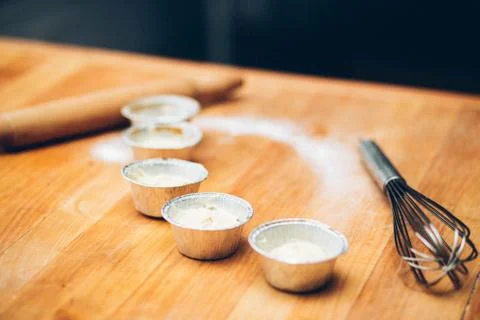 Table of the chef with rolling pin and products Stock Photos