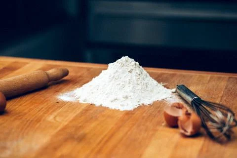 Table of the chef with rolling pin and products Stock Photos