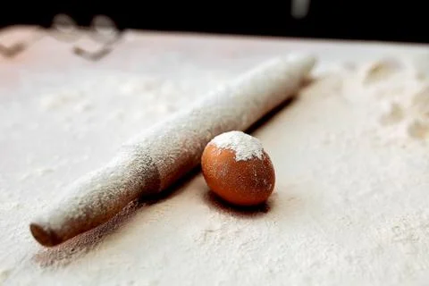 Table of the chef with rolling pin and products Stock Photos