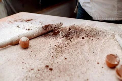 Table of the chef with rolling pin and products Stock Photos