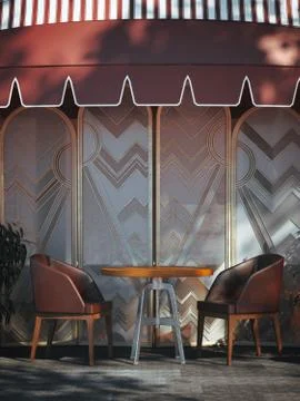 Table with cherry chairs on the street. 3d rendering 库存插图