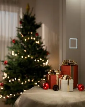 A table with Christmas present gift boxes in a room, illuminated by a glowi.. Stock Illustration