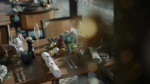 A table with a Christmas tree and a bunch of pine cones on it Stock Footage 295993828